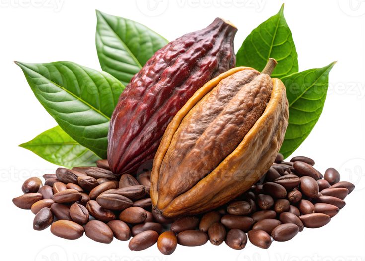 Cocoa Export cocoa two cacao pods with beans and leaves, isolated transparent